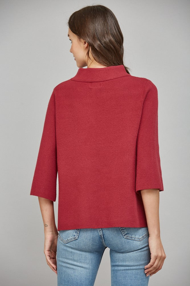 3/4 sleeve mock neck sweater in berry red