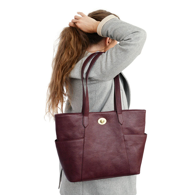 Burgundy Stylish Lock Tote