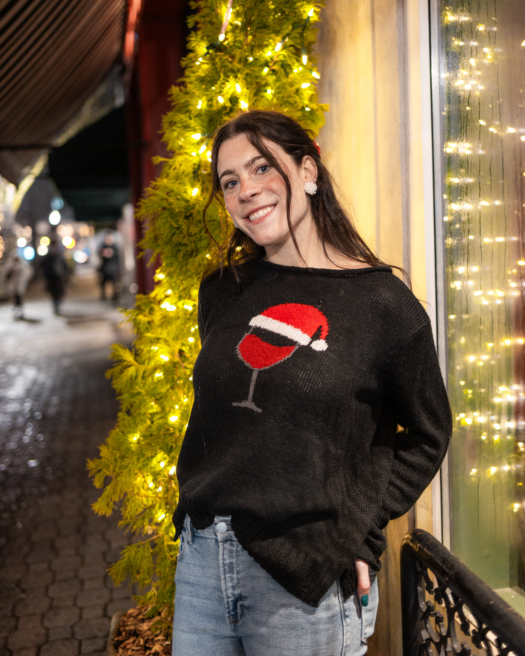 Wooden Ships Santa Wine Glass Sweater Online Only