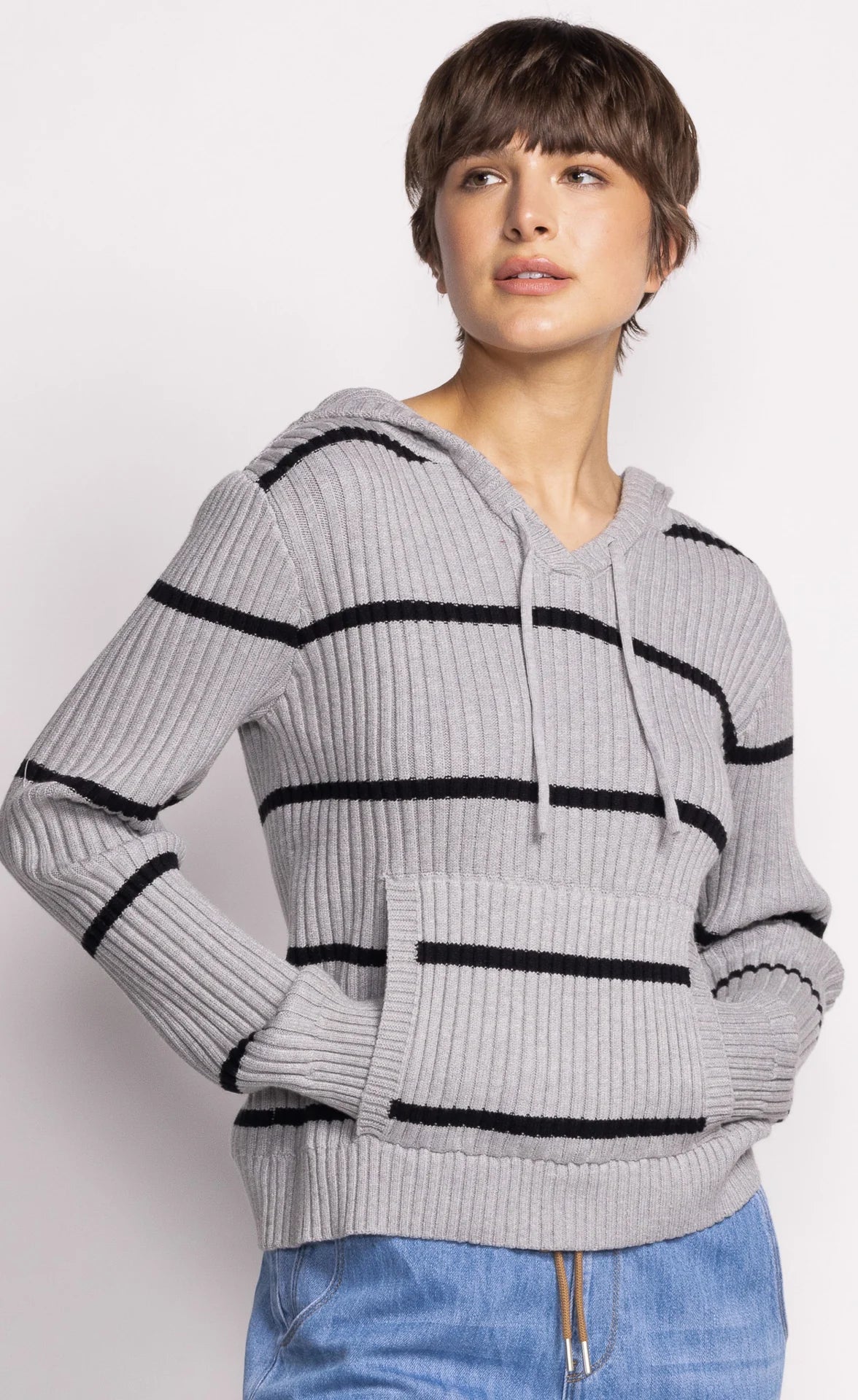 Grey Striped Ribbed Hooded Sweater