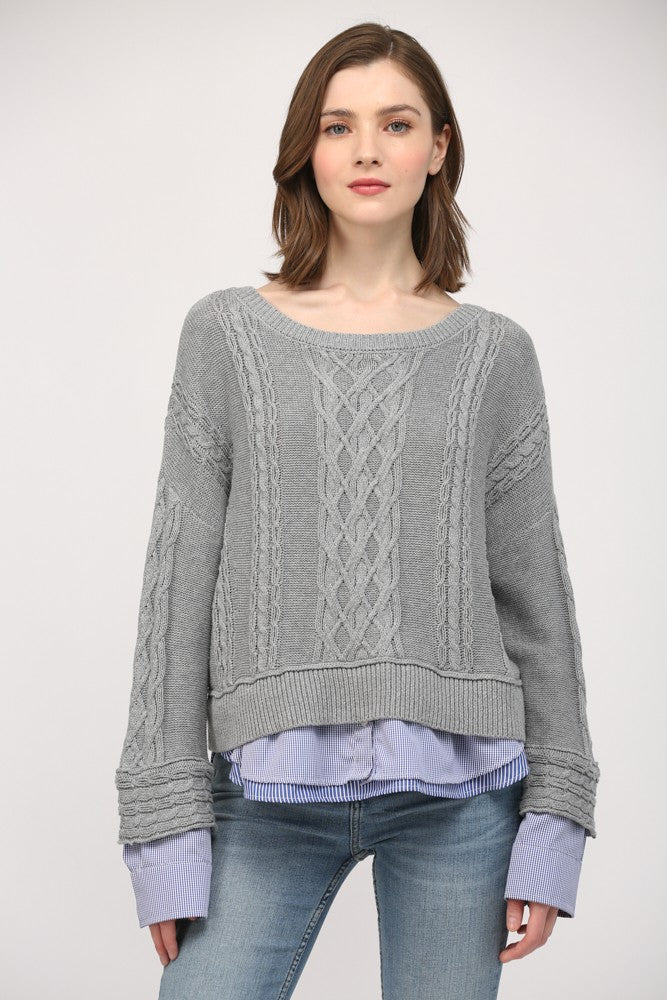 Grey cable knit fashion sweater