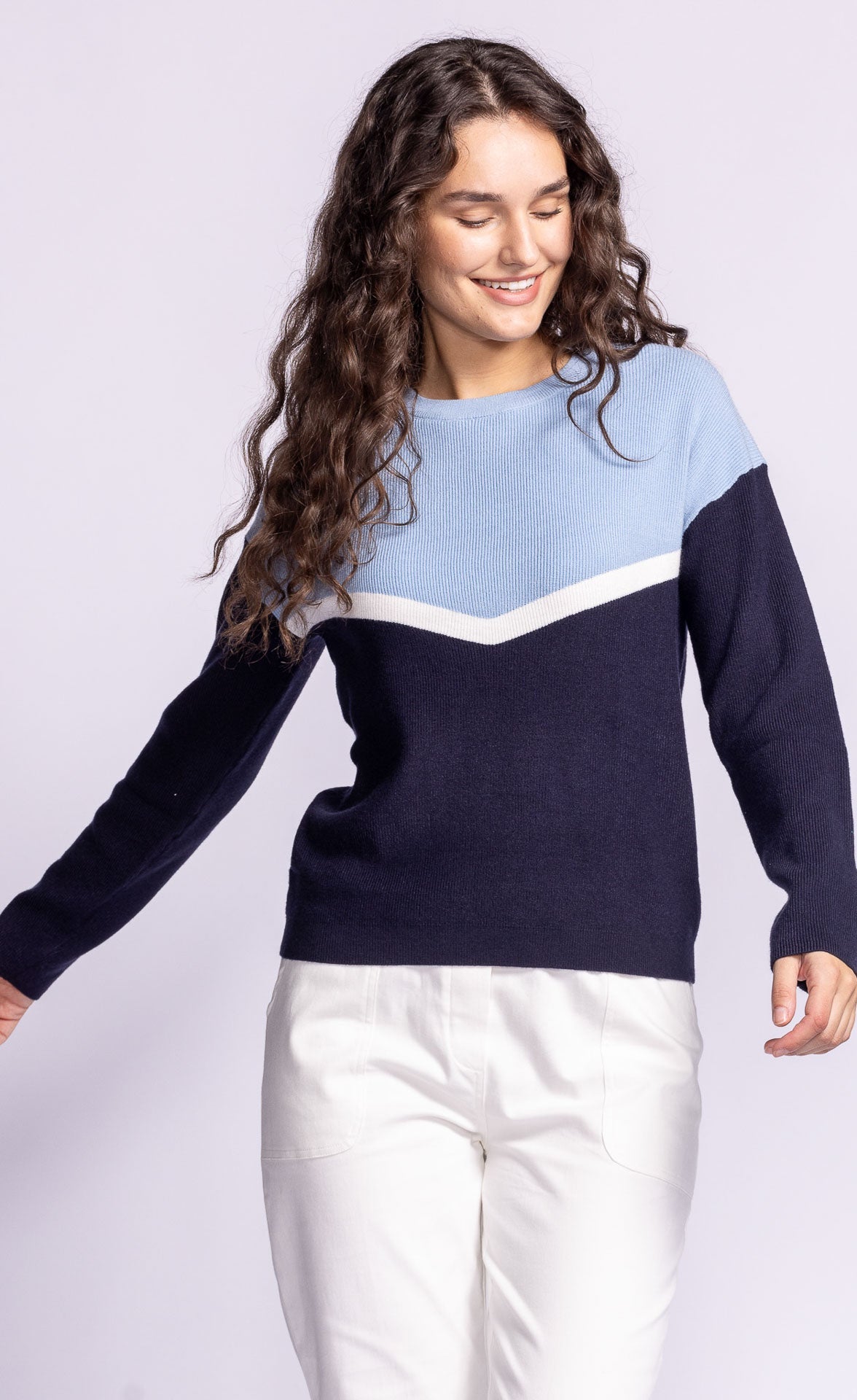 Light blue navy sweater front