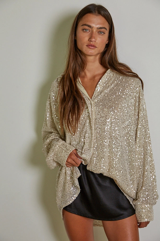 Oversized Sequin Button Top