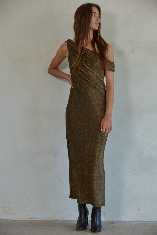 Metallic Bronze Off Shoulder Maxi Dress Small Metallic Bronze Off Shoulder Maxi Dress Small
