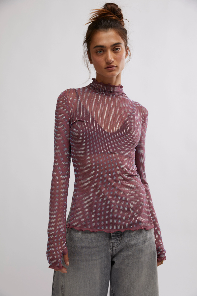 Womens Mauve Glitter Sheer Long Sleeve