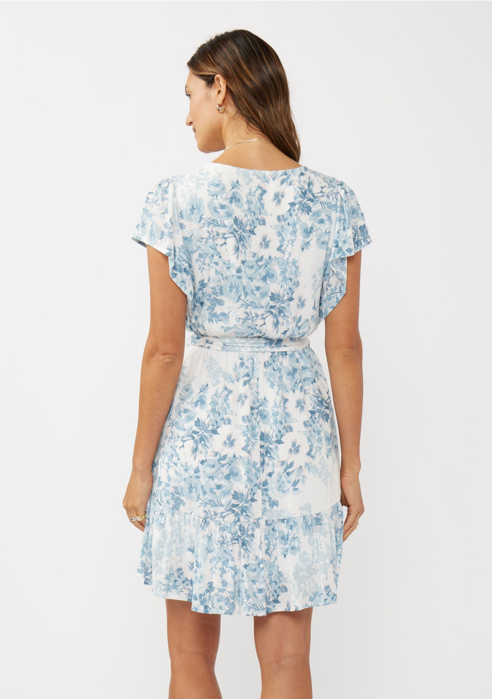 blue white floral belted dress