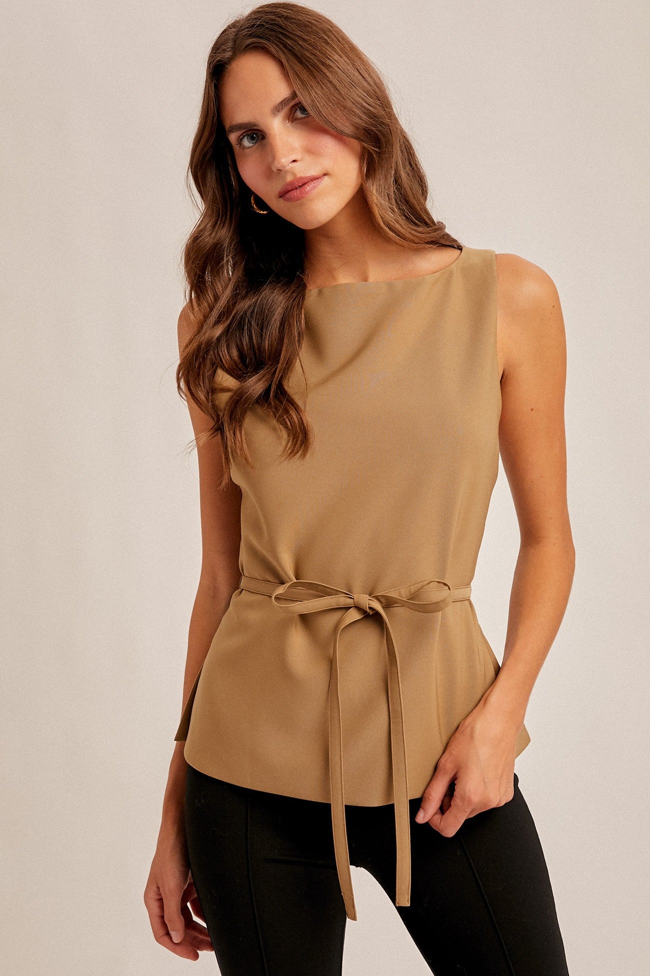 boat neck belted sleeveless top