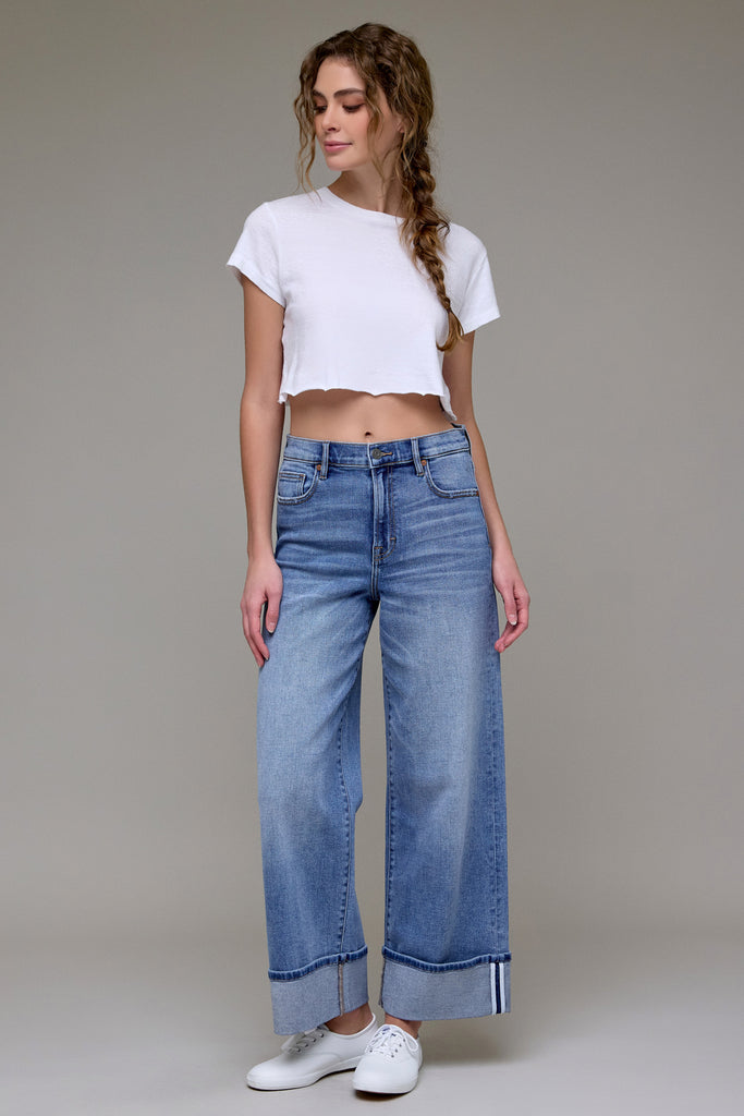 cuffed medium wash wide leg jean