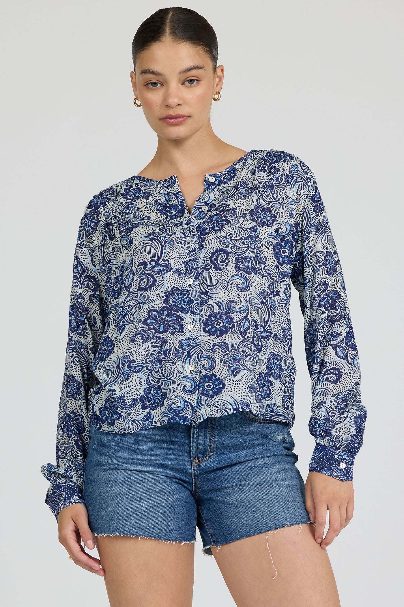 dark blue swirl floral button down top