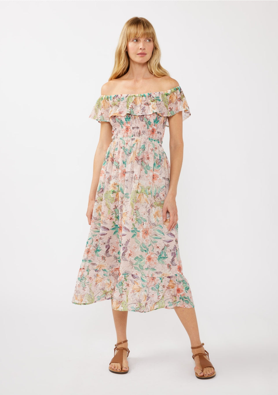 Off-Shoulder Tiered Floral Midi Dress Off-Shoulder Tiered Floral Midi Dress
