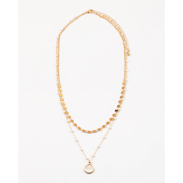 gold pearl disc multi layer necklace