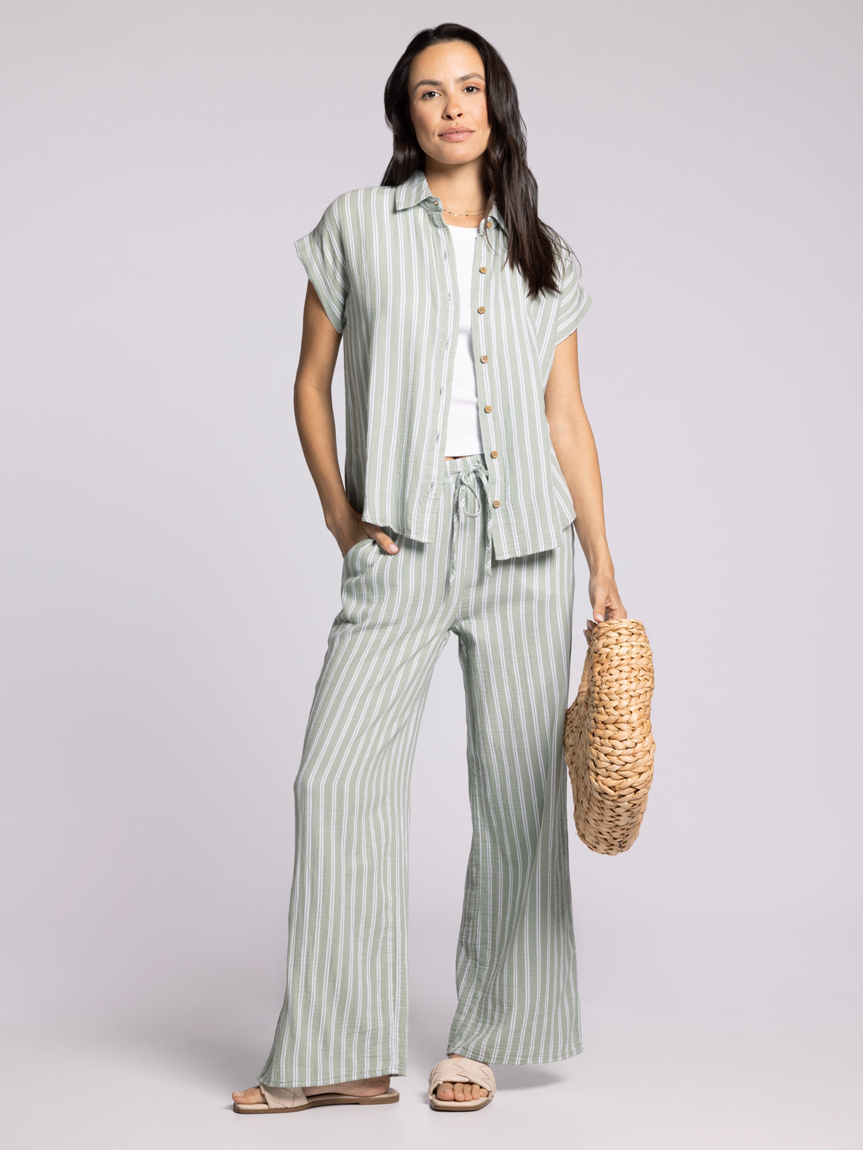 grey striped wide leg pants