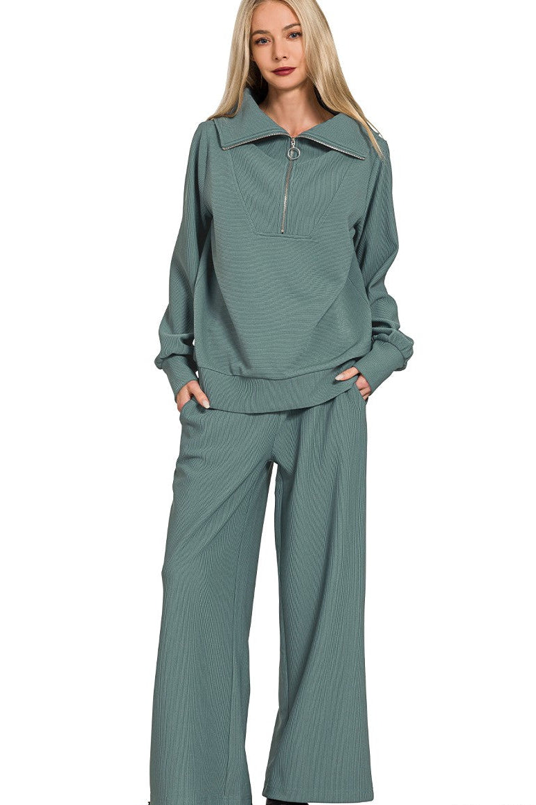 jade green ribbed elastic waist lounge pants