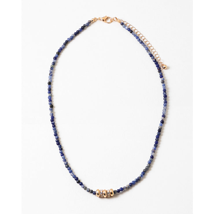 navy beaded necklace gold crystal detail