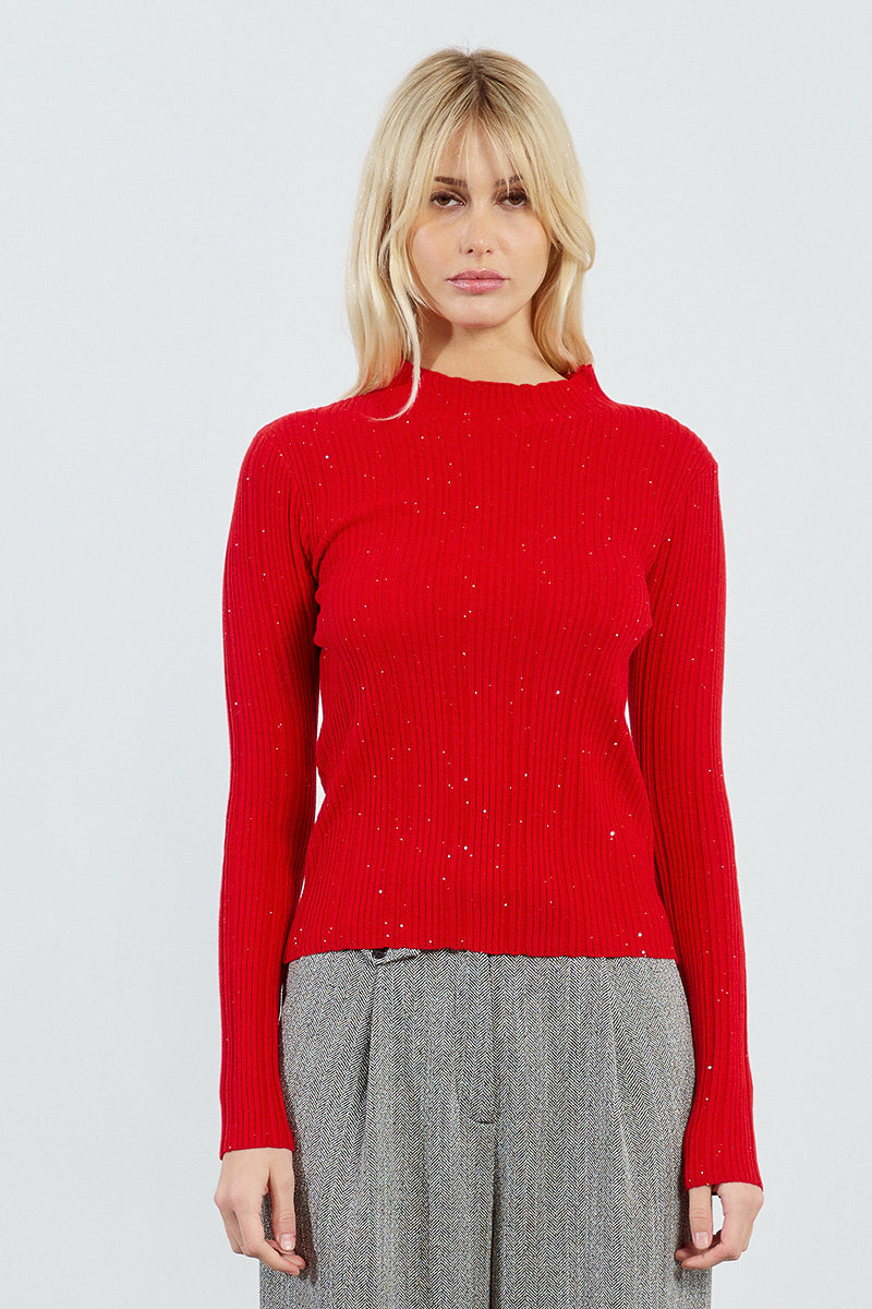 red mock neck sweater top with sequin detailing