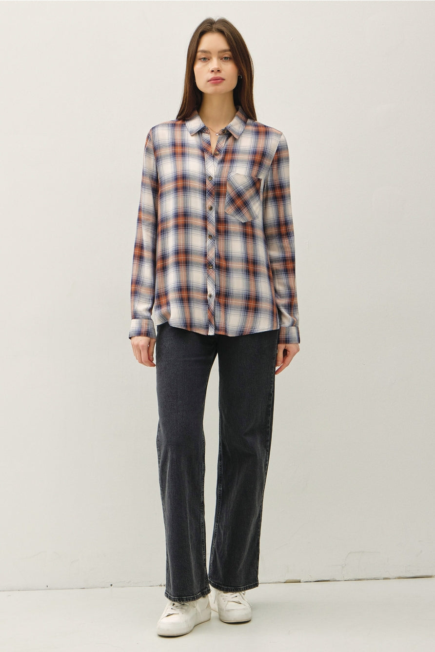 relaxed fit plaid button down top for women