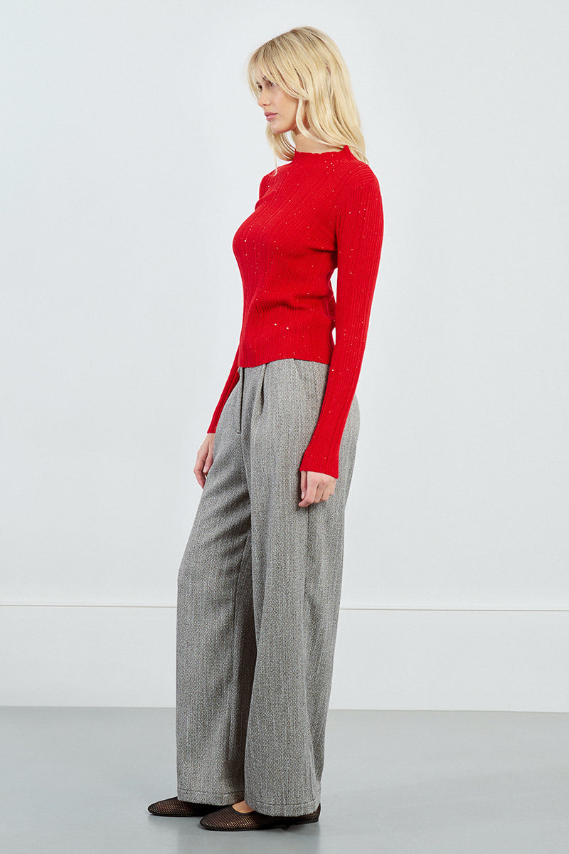 ribbed long sleeve sweater top in red