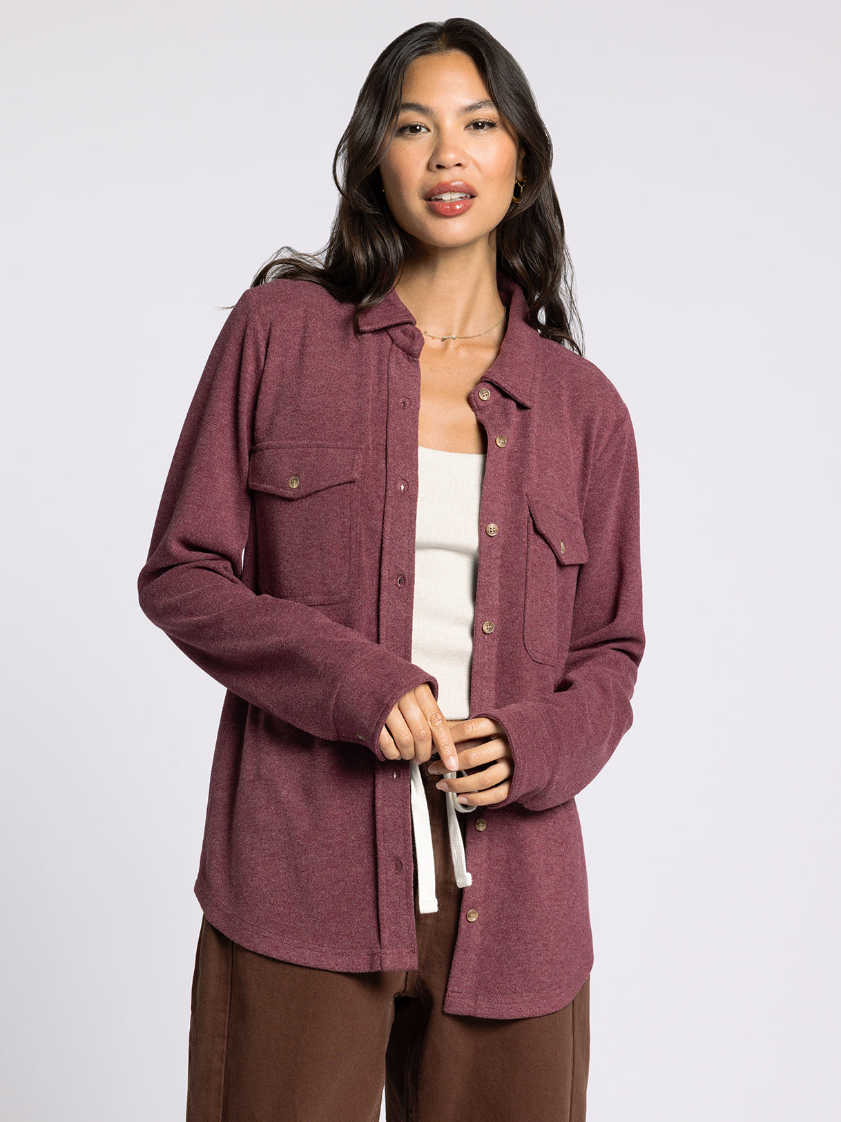 ruby red button down top