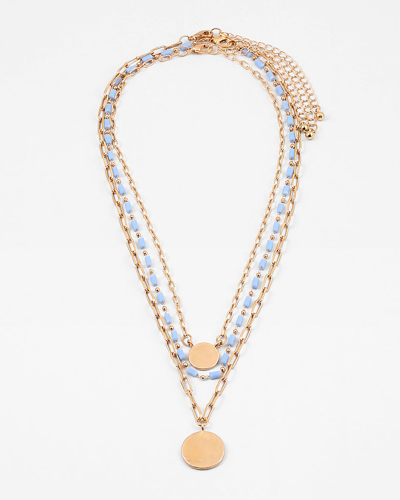 white bead gold disc three strand necklace