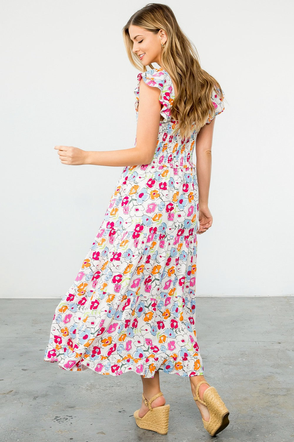 white floral smocked dress back