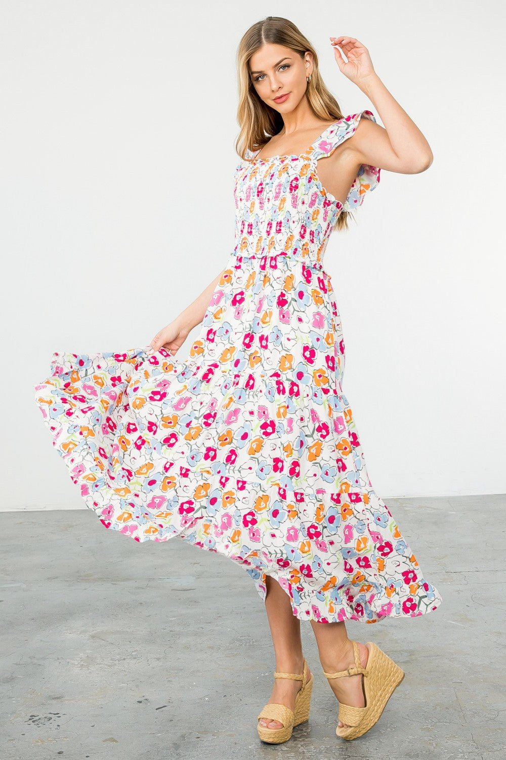 white midi floral smocked dress