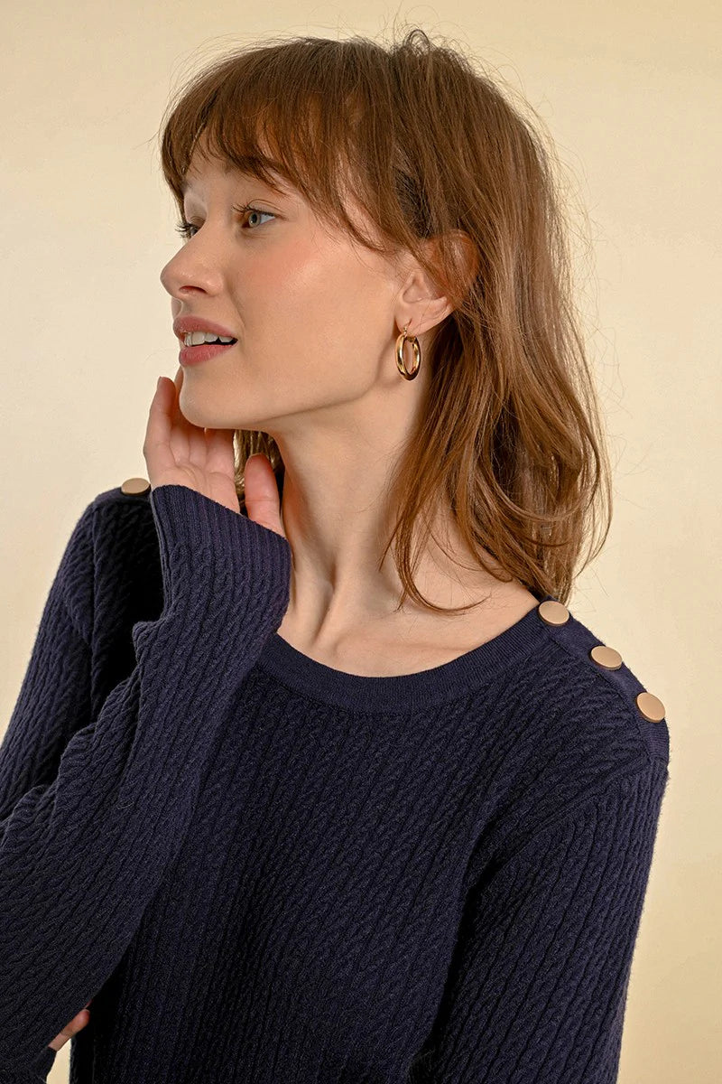 Shoulder Button Cable Knit Sweater