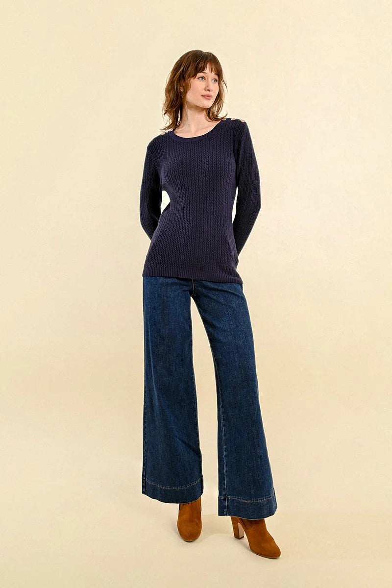 Shoulder Button Cable Knit Sweater