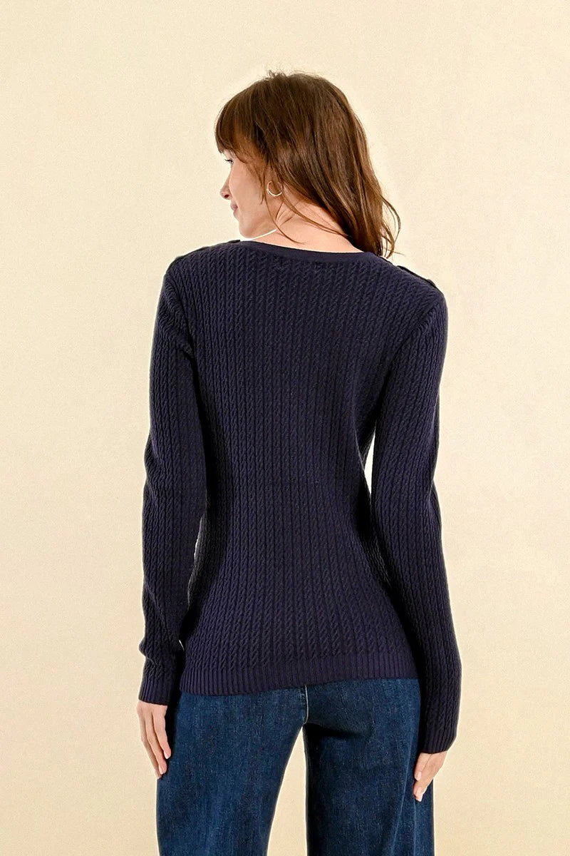 Shoulder Button Cable Knit Sweater