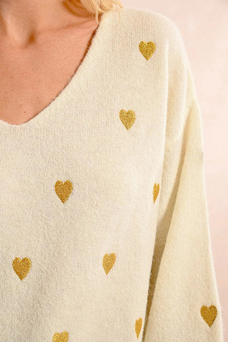 Gold Hearts V-Neck Sweater