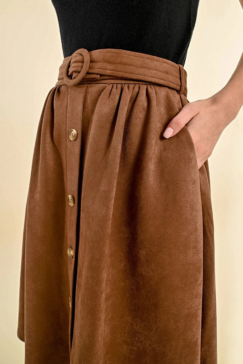 High Waisted Suede Belted Skirt