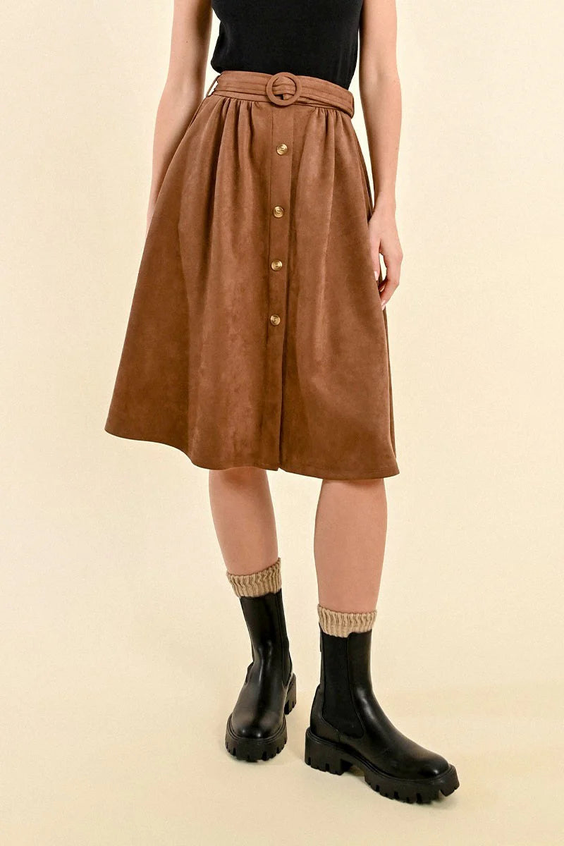 High Waisted Suede Belted Skirt