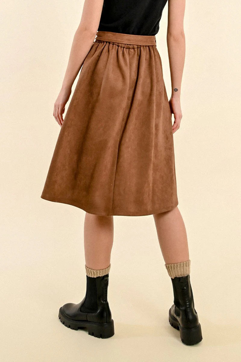 High Waisted Suede Belted Skirt