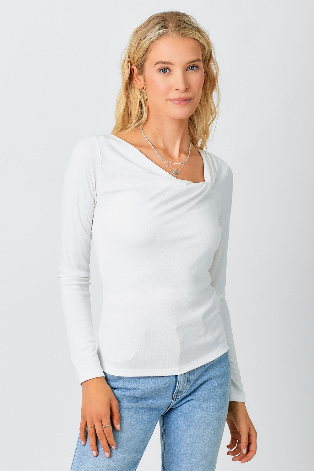Twist Neck Ribbed Long Sleeve Top