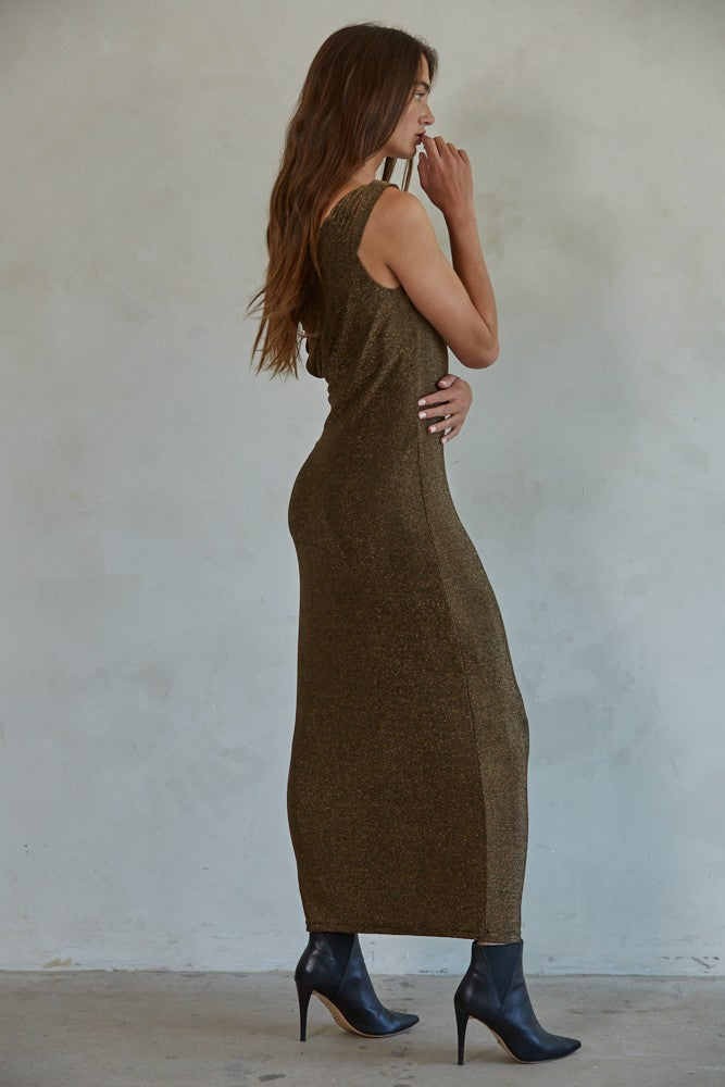 Metallic Bronze Off Shoulder Maxi Dress