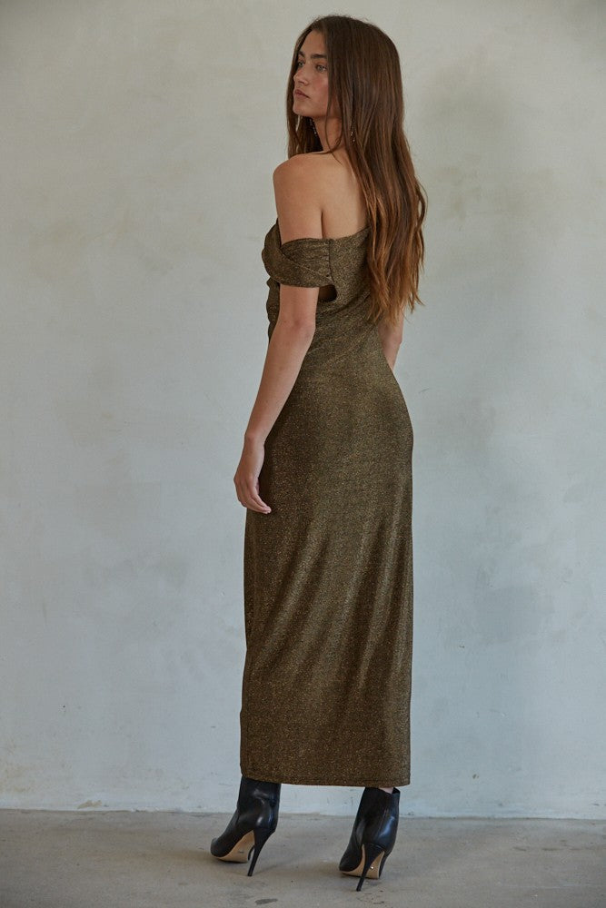 Metallic Bronze Off Shoulder Maxi Dress