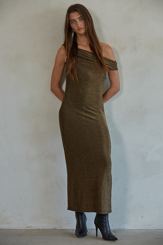 Metallic Bronze Off Shoulder Maxi Dress