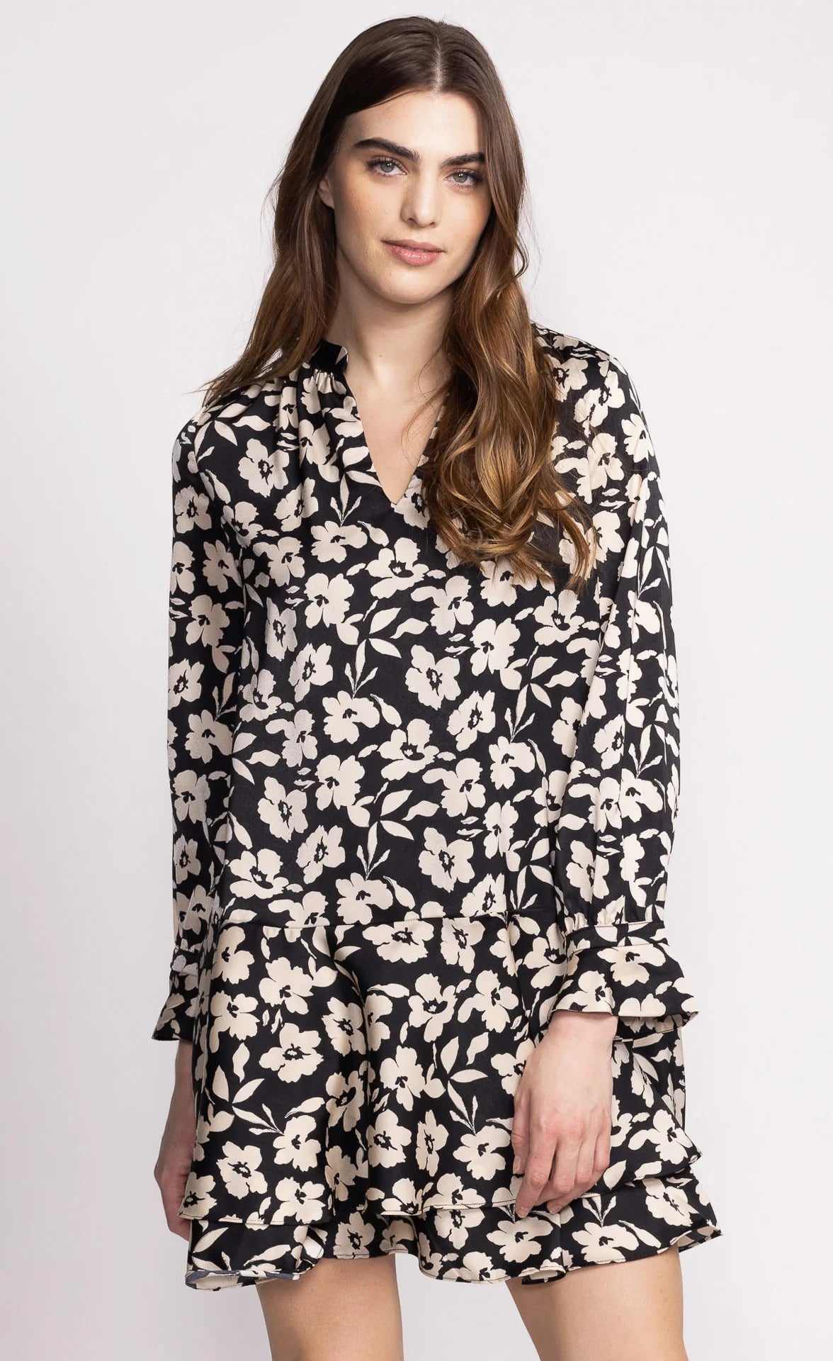 Black Floral Printed Long Sleeve Dress