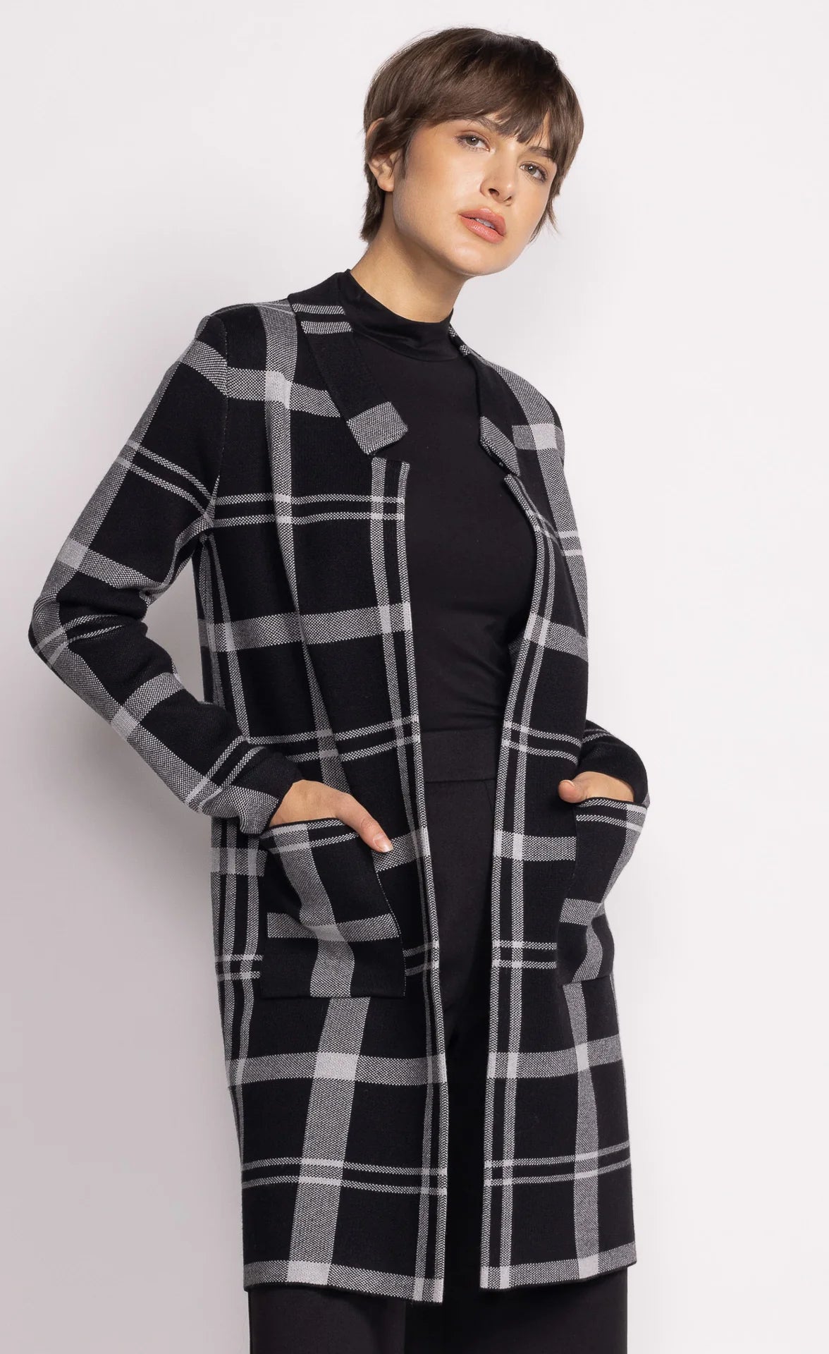 Black Long Checkered Flannel Jacket