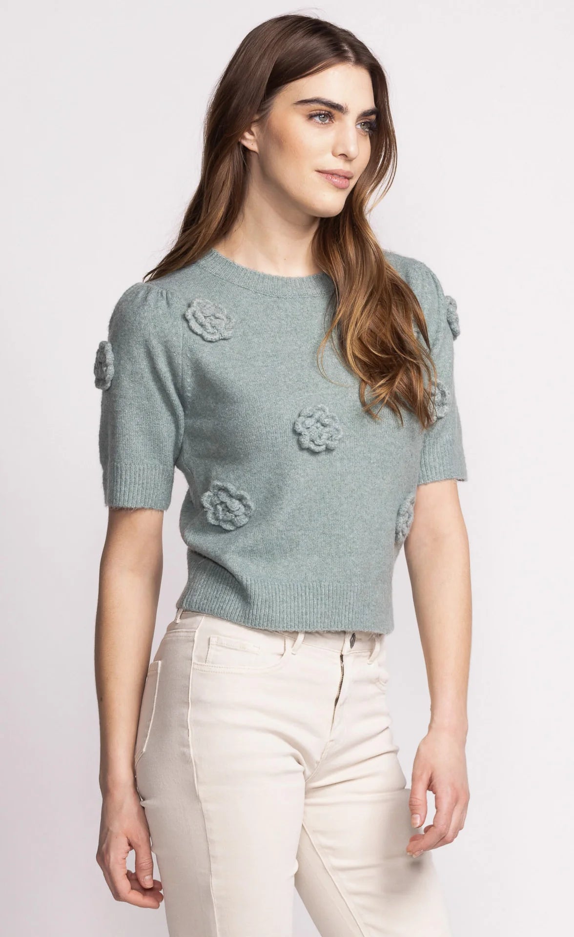 Floral Detail Sage Color Sweater