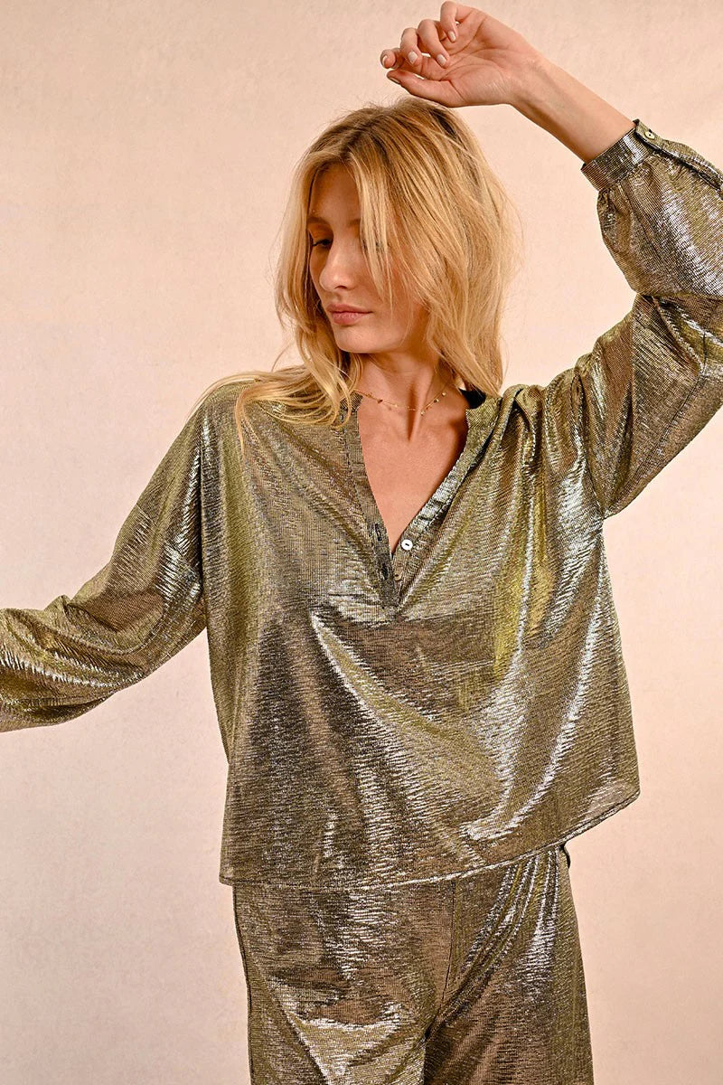 Gold Shimmer V Neck Button Blouse