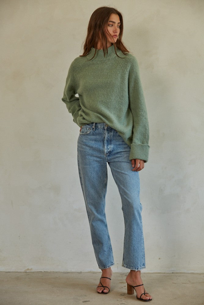 Green Mock Neck Fuzzy Sweater