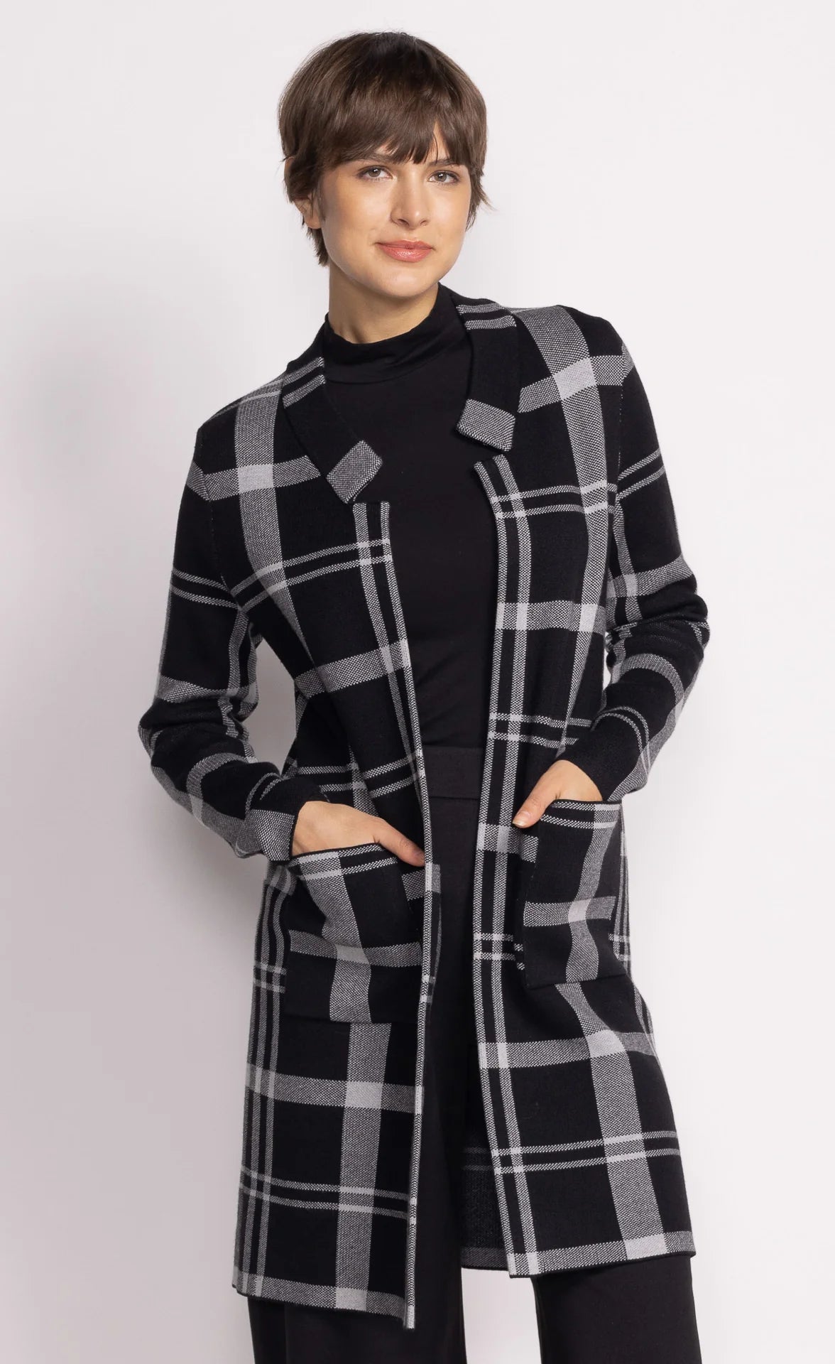 Long Round Neck Black Flannel Jacket