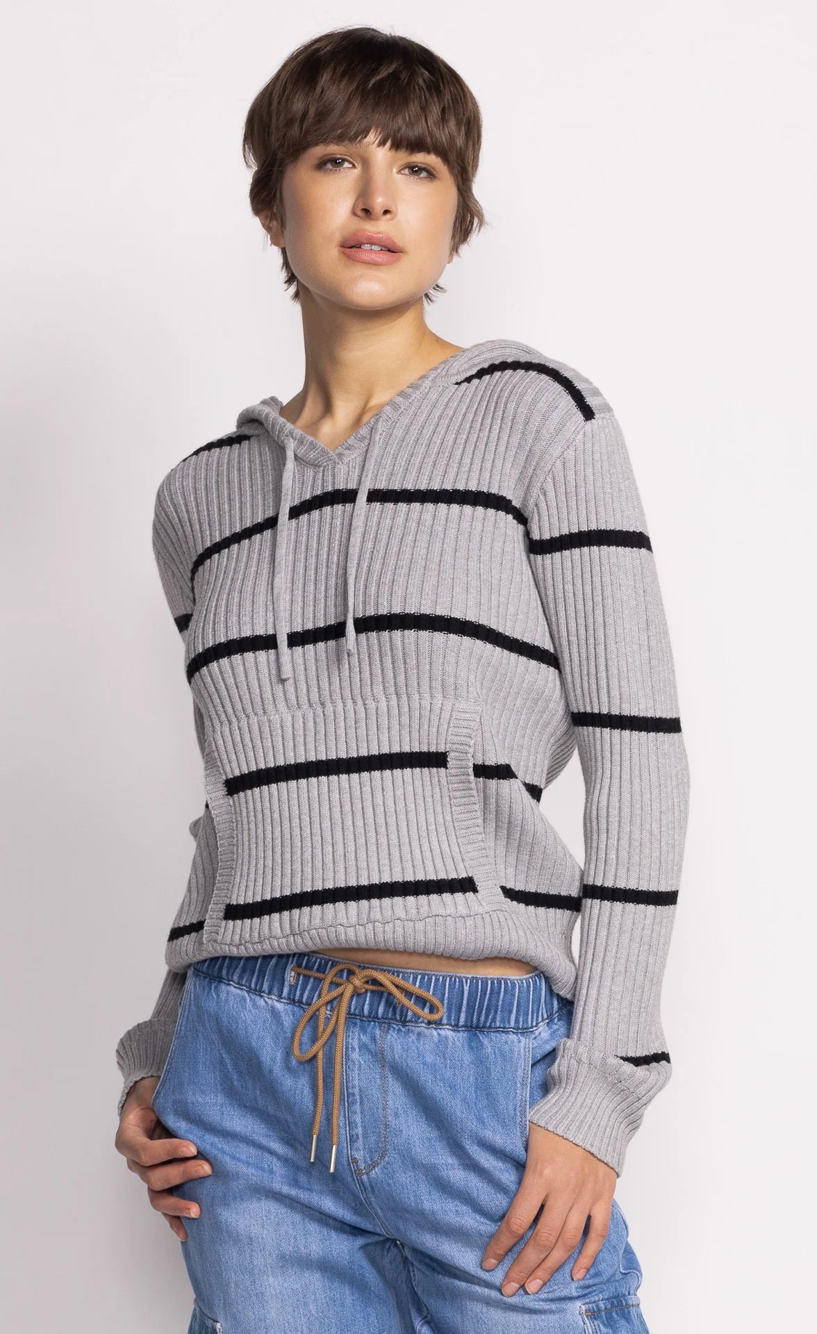 Ribbed Gray & Black Striped Hoodie Sweater