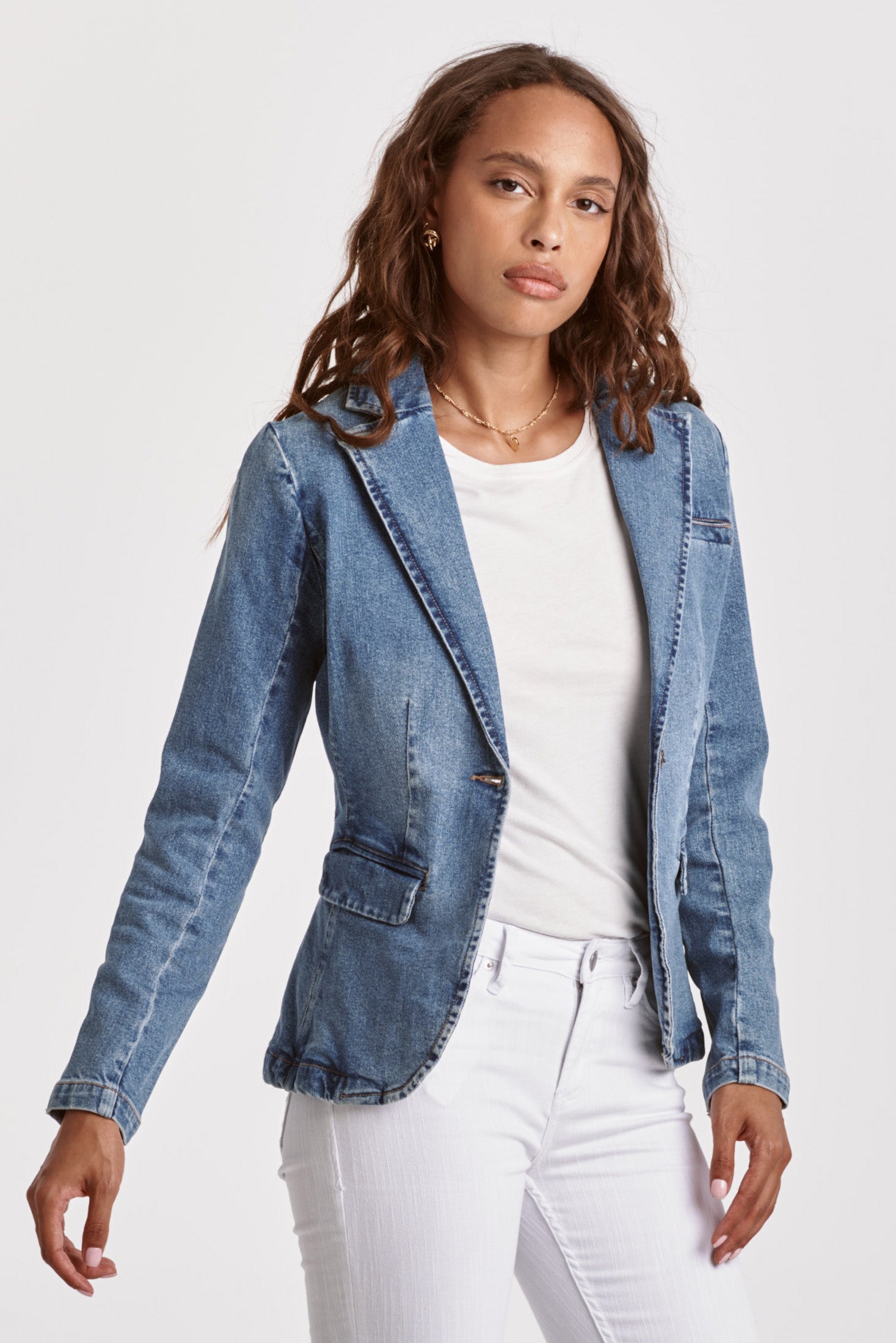 Womens Collared Denim Pocket Jacket