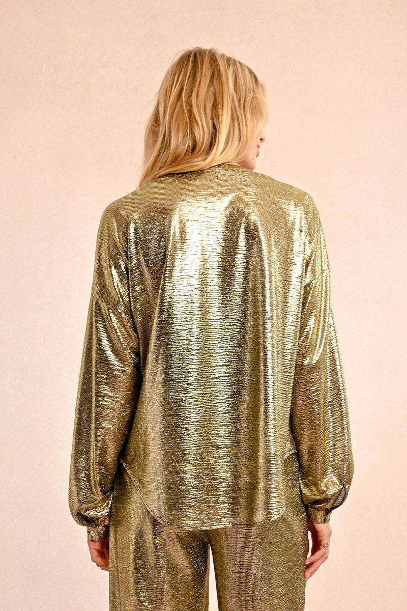 Womens Gold Shimmer V Neck Button Blouse