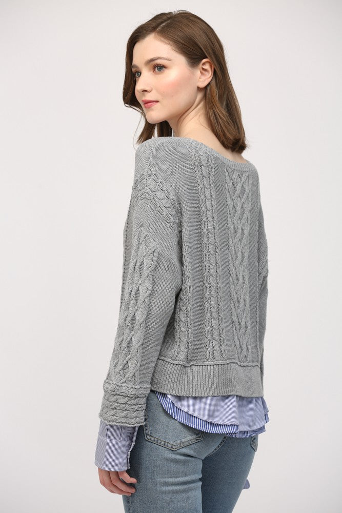 Womens Layered Grey Cable Knit Sweater