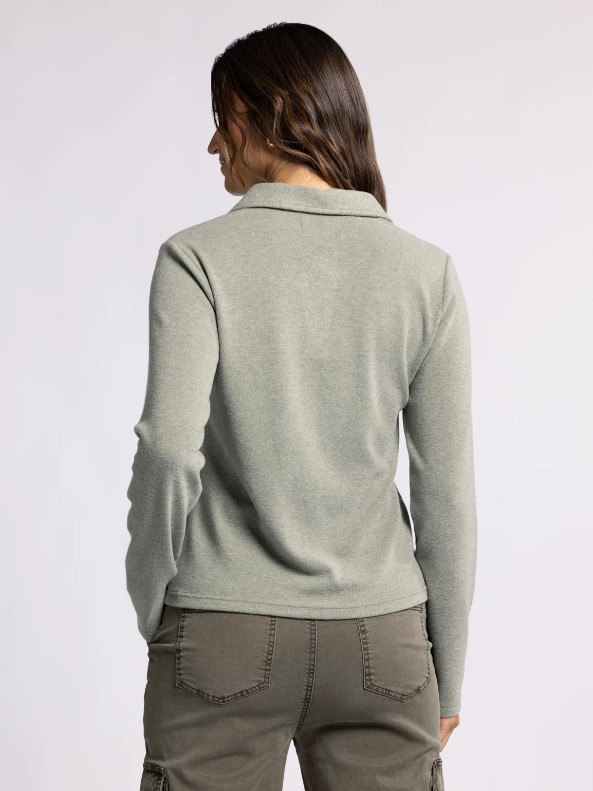 Womens Olive Long Sleeve Collared Top