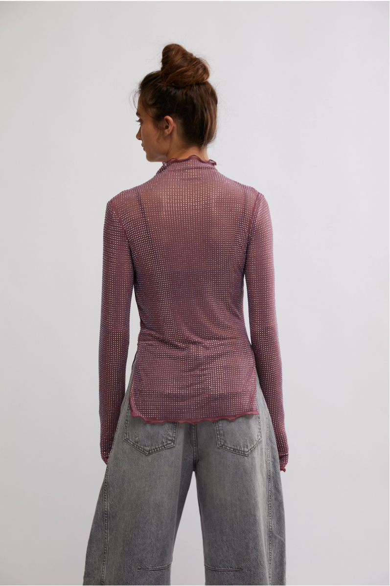 Womens Sheer Glitter Mauve Top