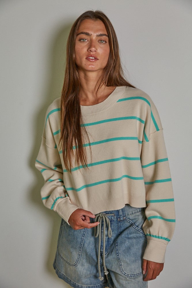 Womens Striped Round Neck Crop Sweater