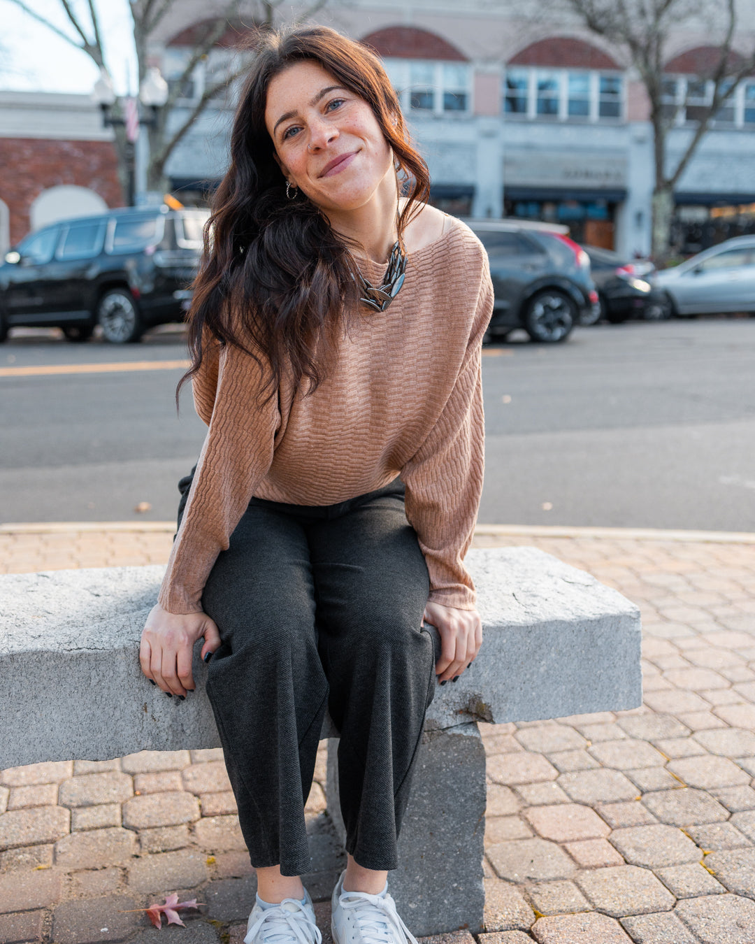 Womens Wide Neck Beige Textured Sweater